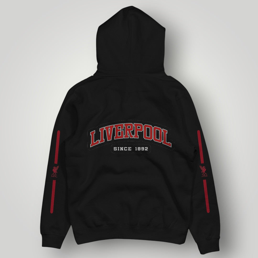 Liverpool F.C. Retro Circle Crest Hoodie - Red Typography & Side Stripe Fan Edition