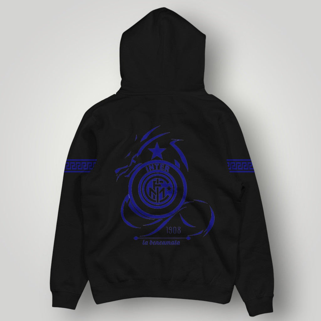 Inter Milan Dragon Crest Hoodie - Minimalist Blue IM Logo Pullover - White Nerazzurri Streetwear with Patterned Sleeves