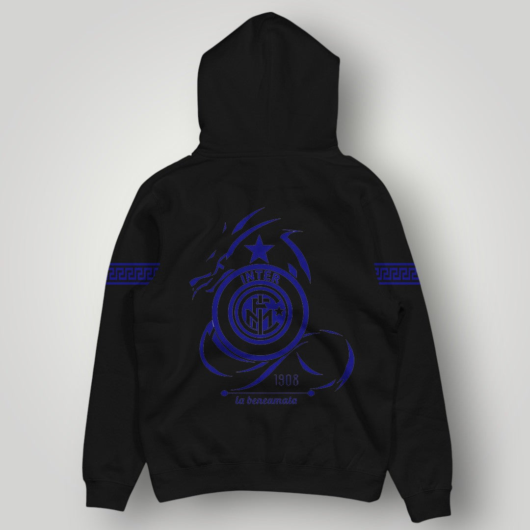 Inter Milan Dragon Crest Hoodie - Minimalist Blue IM Logo Pullover - White Nerazzurri Streetwear with Patterned Sleeves