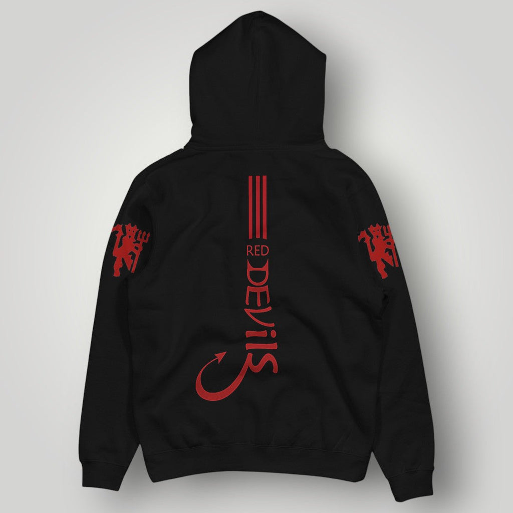 Manchester United "Red Devils" Vertical Stripe Hoodie - Black MUFC Graphic Fan Streetwear