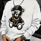 Men's autumn and winter fashionable casual loose cool bear cartoon graphic print fleece long sleeved round neck sweatshirt - cankarfashion