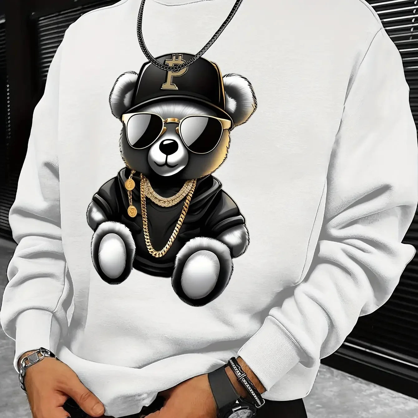 Men's autumn and winter fashionable casual loose cool bear cartoon graphic print fleece long sleeved round neck sweatshirt - cankarfashion