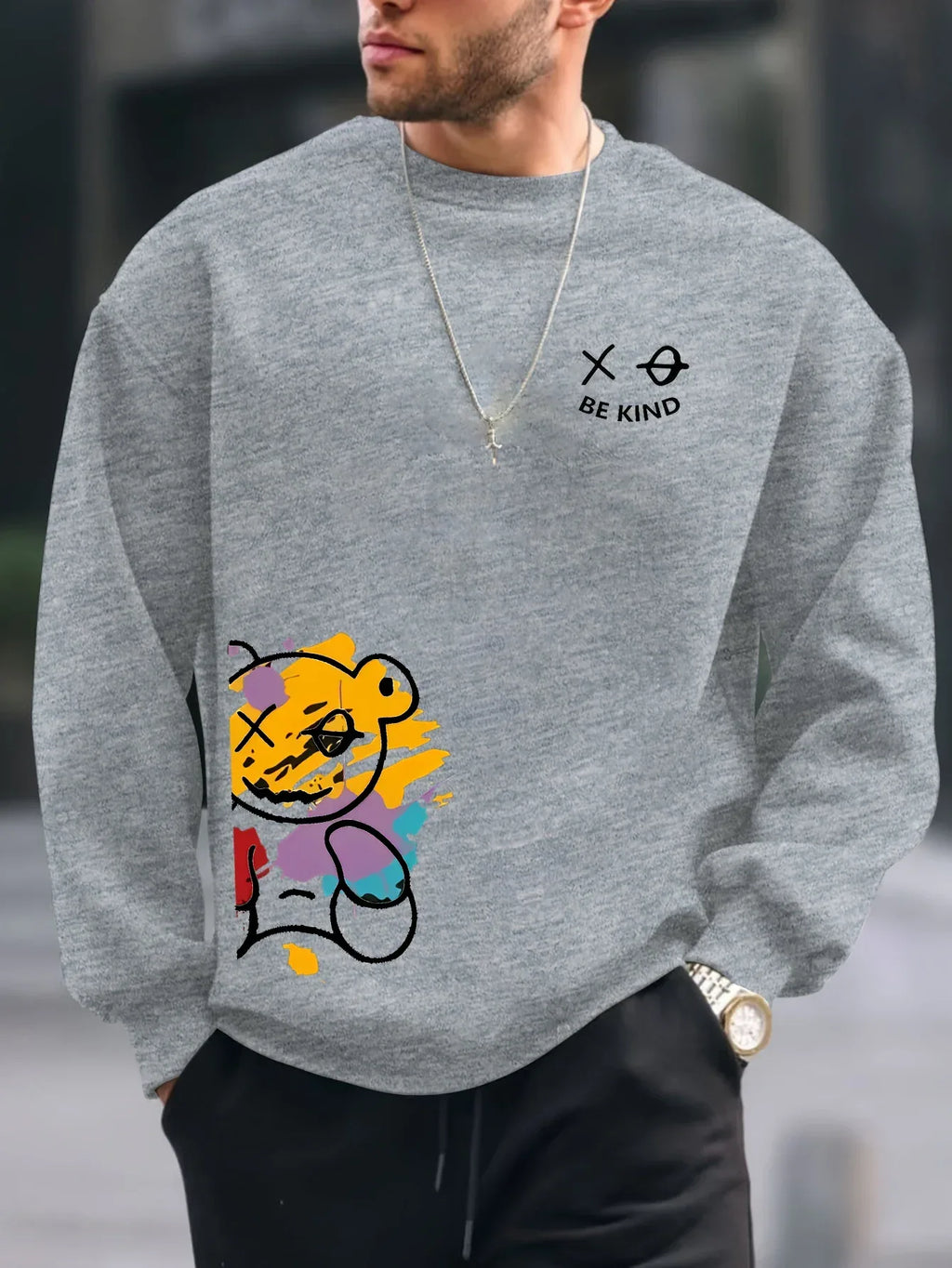 Men's autumn and winter fashionable casual loose BE KING bear cartoon printed fleece pullover round neck long sleeved sweatshirt - cankarfashion