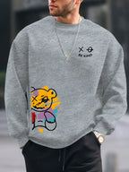Men's autumn and winter fashionable casual loose BE KING bear cartoon printed fleece pullover round neck long sleeved sweatshirt - cankarfashion
