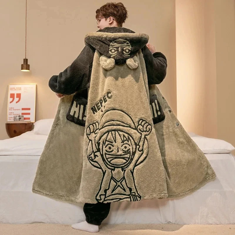 One Piece Luffy Coral Fleece Bathrobe Set for Men