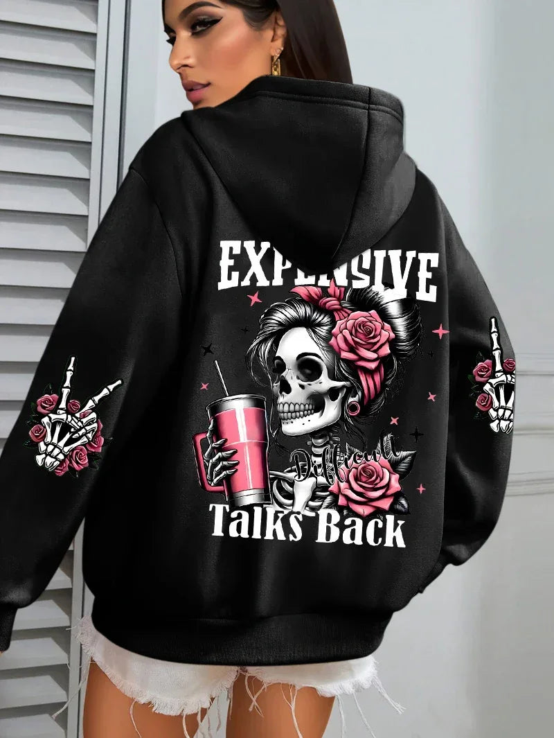 Expensive Talks Back Funny Printing Womens Hoodie Loose Multicolor Pullovers Fleece Autumn Sportswear Casual Pocket Hoody - cankarfashion