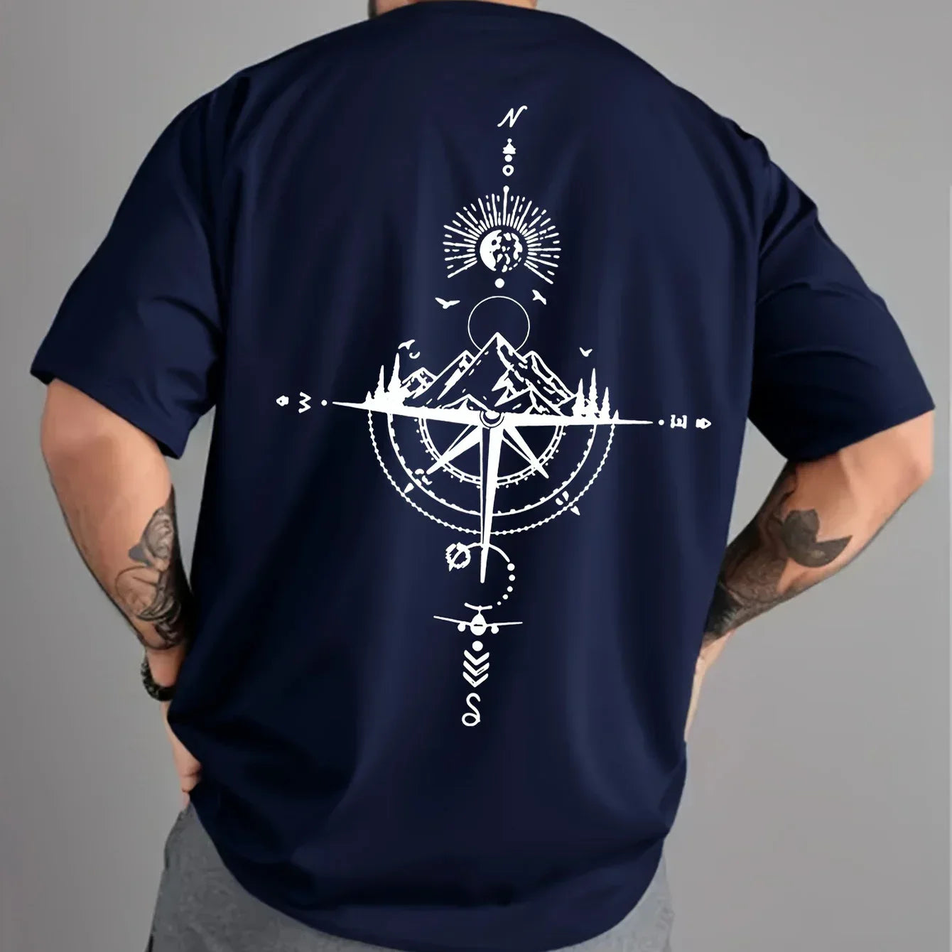 Summer men's 100% pure cotton casual sports loose oversized retro compass printed comfortable round neck short sleeved T-shirt - cankarfashion