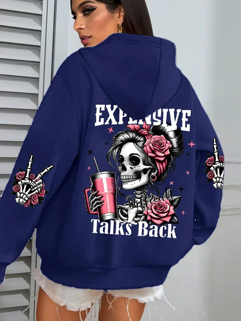 Expensive Talks Back Funny Printing Womens Hoodie Loose Multicolor Pullovers Fleece Autumn Sportswear Casual Pocket Hoody - cankarfashion