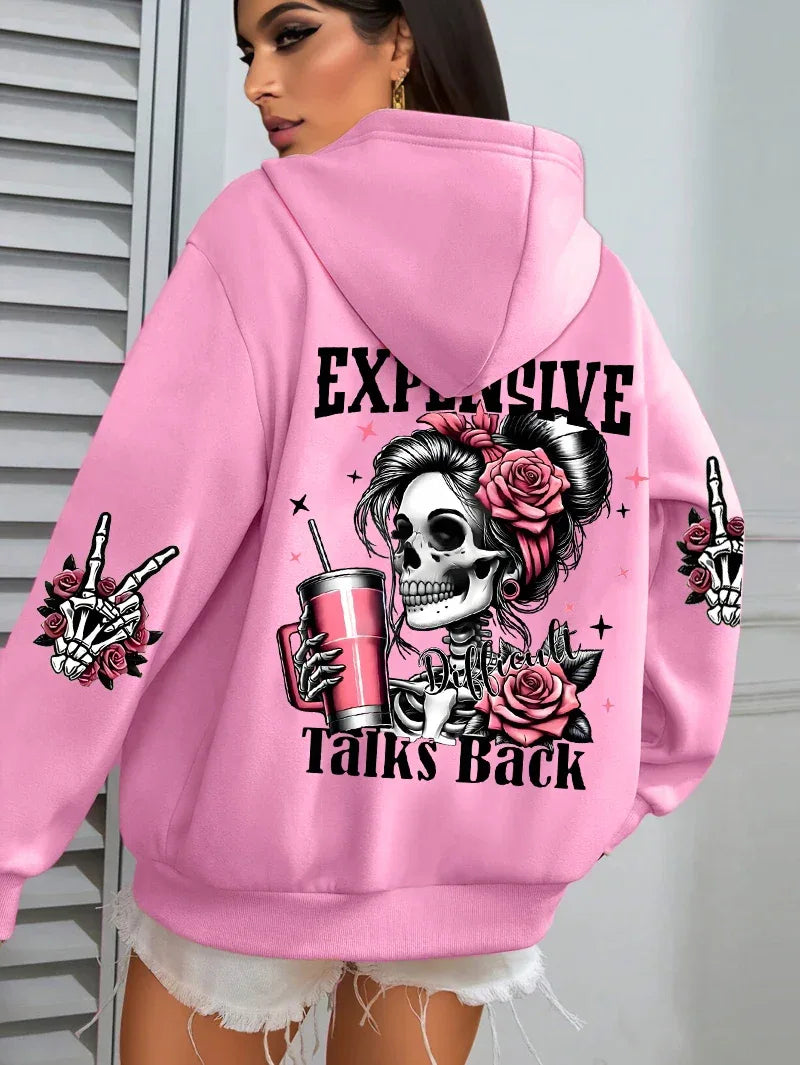 Expensive Talks Back Funny Printing Womens Hoodie Loose Multicolor Pullovers Fleece Autumn Sportswear Casual Pocket Hoody - cankarfashion