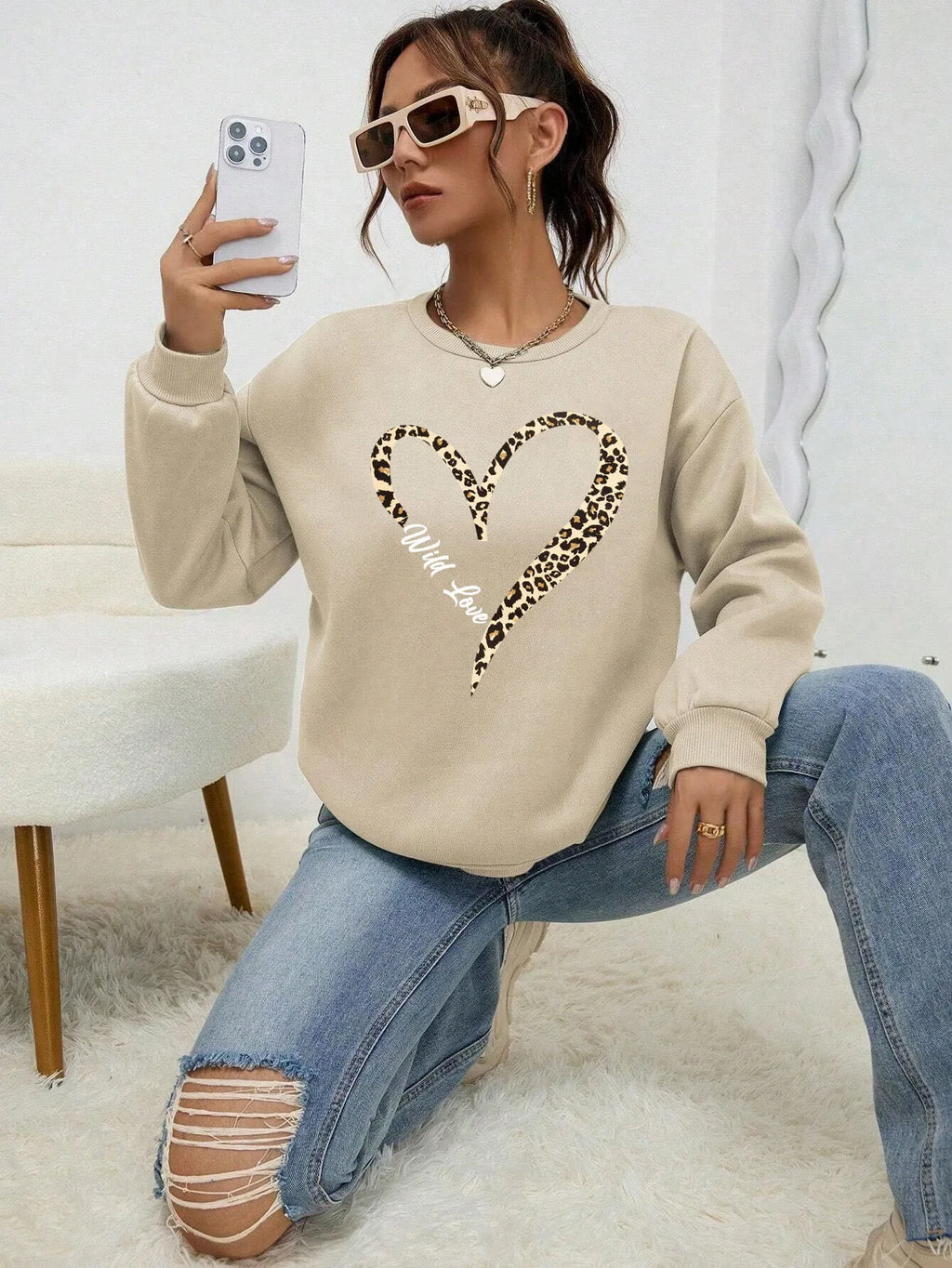 Leopard Wild Heart Pattern Print Female Sweatshirt Street Fur-Liner Pullovers Hipster Clothing All-Match Crewneck Tracksuit - cankarfashion