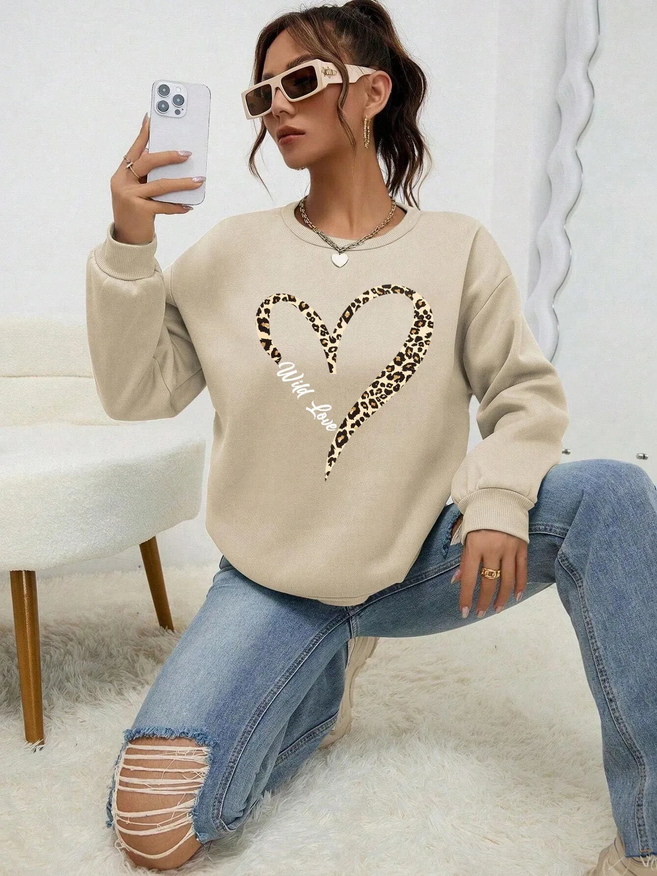Leopard Wild Heart Pattern Print Female Sweatshirt Street Fur-Liner Pullovers Hipster Clothing All-Match Crewneck Tracksuit - cankarfashion