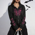 2026 Hot Sale Women's Hoodie Cute Spider Web Heart Print Zip-up Sweatshirt All Season Female Urban Casual Fashion Hooded Jackets - cankarfashion