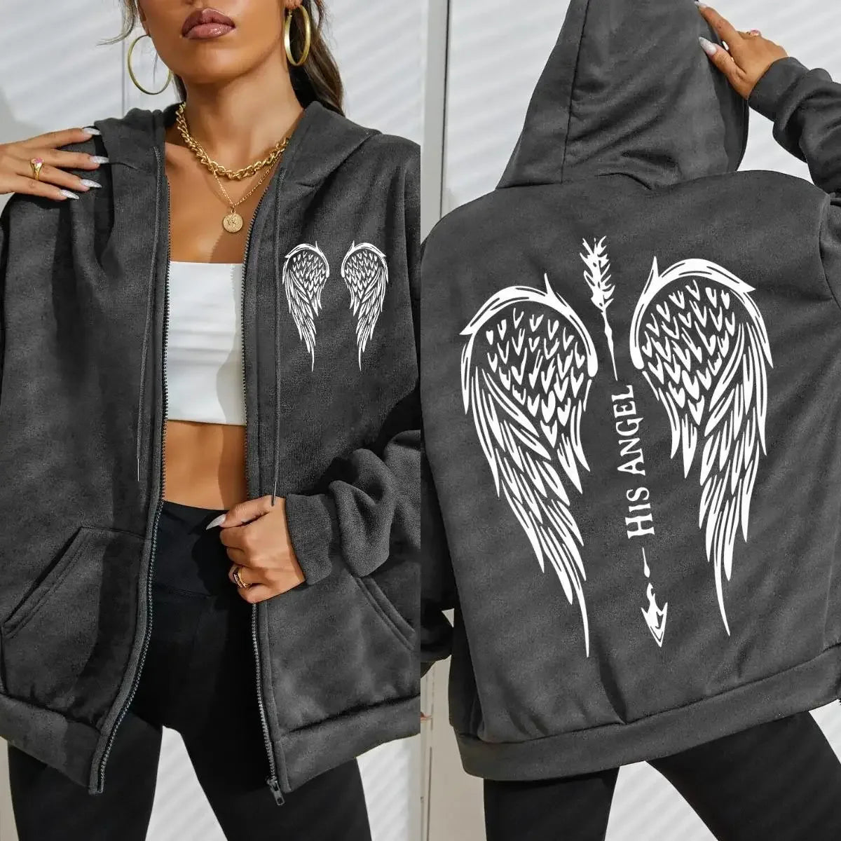 His Angel Creative Wings Art Letter Printing Zipper Hoodies Woman Y2K Hoodie Casual Soft Hoody Fleece Comfortable Streetwear - cankarfashion
