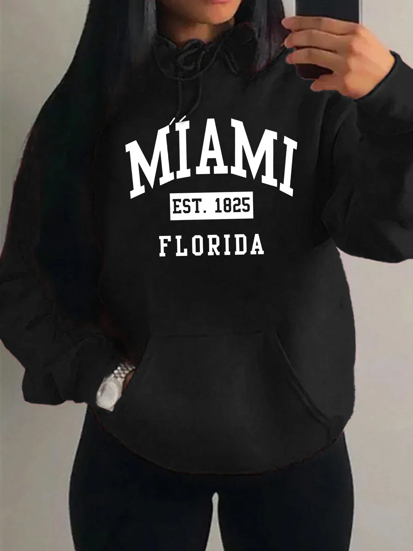 Miami Est 1825 City Art Letter Prints Women Hoodie Pocket Streetwear Harajuku Loose Hoody All-Match Fleece Female Clothing - cankarfashion