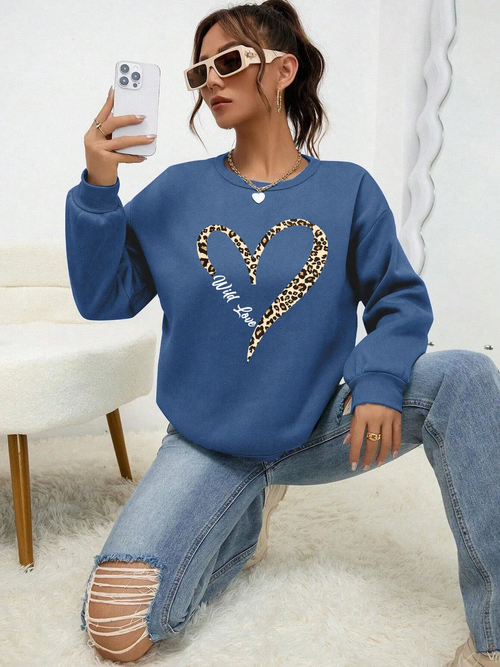 Leopard Wild Heart Pattern Print Female Sweatshirt Street Fur-Liner Pullovers Hipster Clothing All-Match Crewneck Tracksuit - cankarfashion
