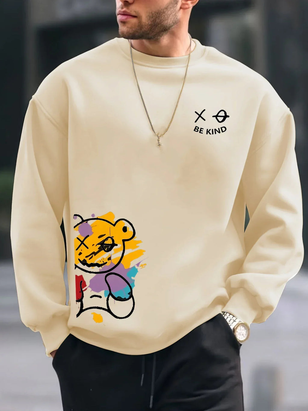 Men's autumn and winter fashionable casual loose BE KING bear cartoon printed fleece pullover round neck long sleeved sweatshirt - cankarfashion
