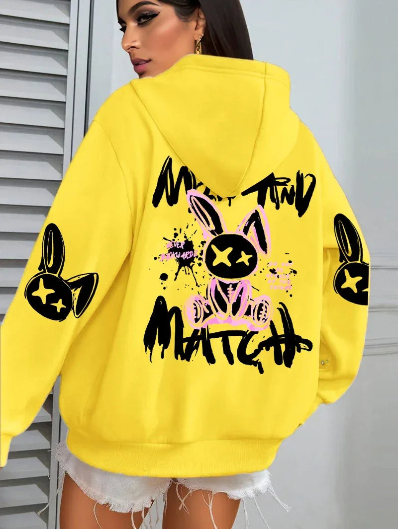 Mix And Match Cartoon Rabbit Prints Women Hoodie Pocket Streetwear Harajuku Loose Hoody All-Match Fleece Female Clothing - cankarfashion