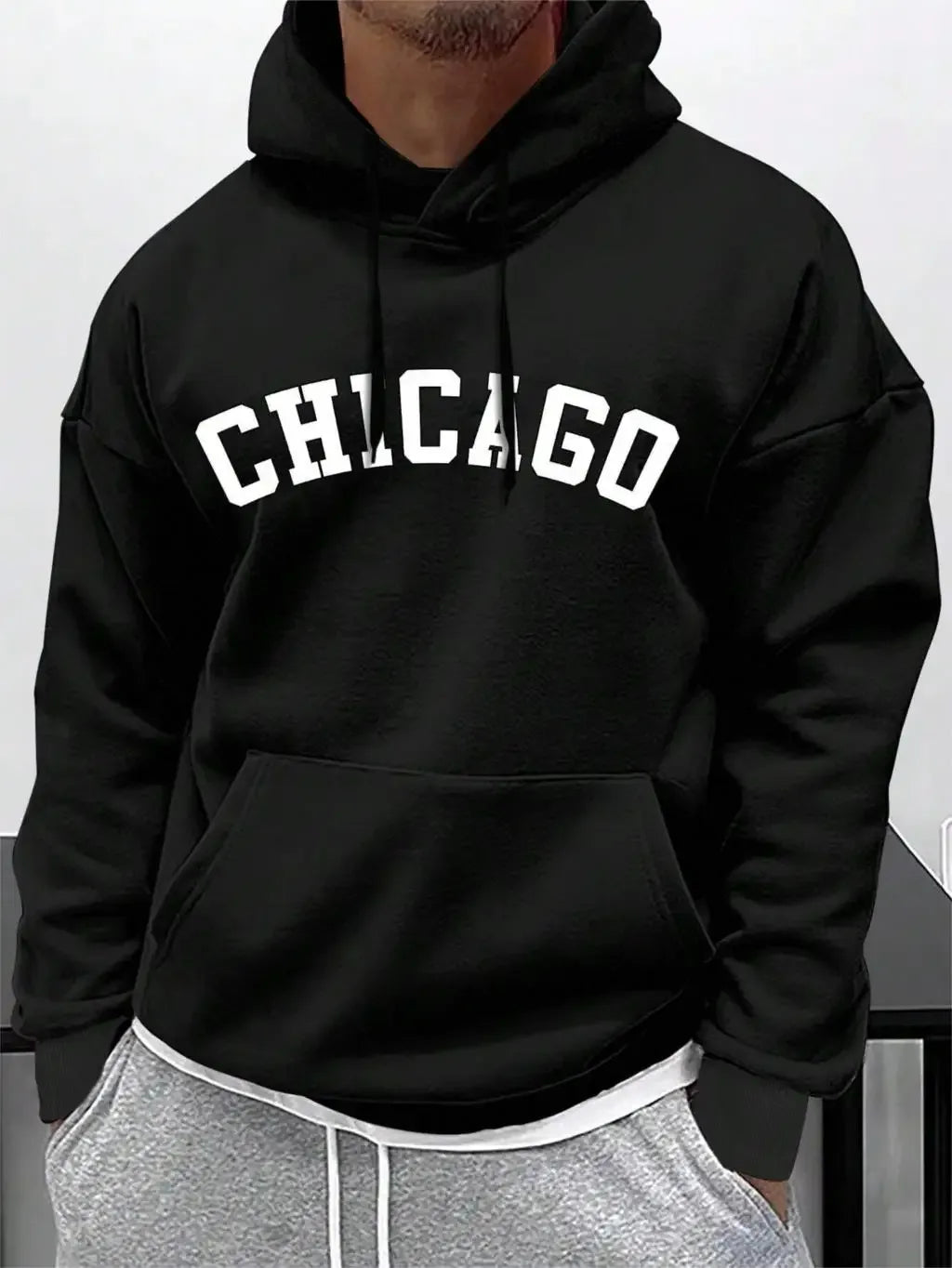 Street Letter Chicago Printing Hoodies For Men Pocket Drawstring Pullovers Thermal Fleece Soft Sweatshirts Autumn Casual Clothes - cankarfashion