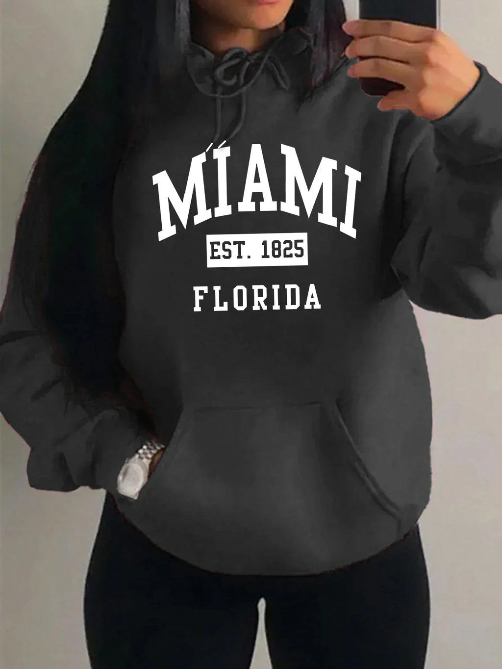 Miami Est 1825 City Art Letter Prints Women Hoodie Pocket Streetwear Harajuku Loose Hoody All-Match Fleece Female Clothing - cankarfashion