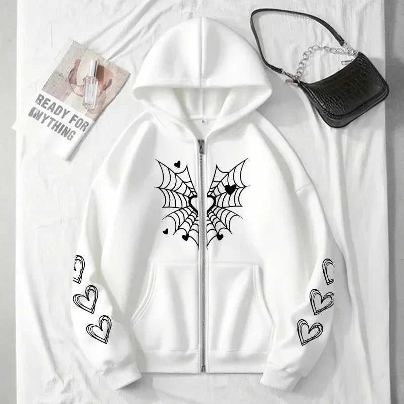 2026 Hot Sale Women's Hoodie Cute Spider Web Heart Print Zip-up Sweatshirt All Season Female Urban Casual Fashion Hooded Jackets - cankarfashion