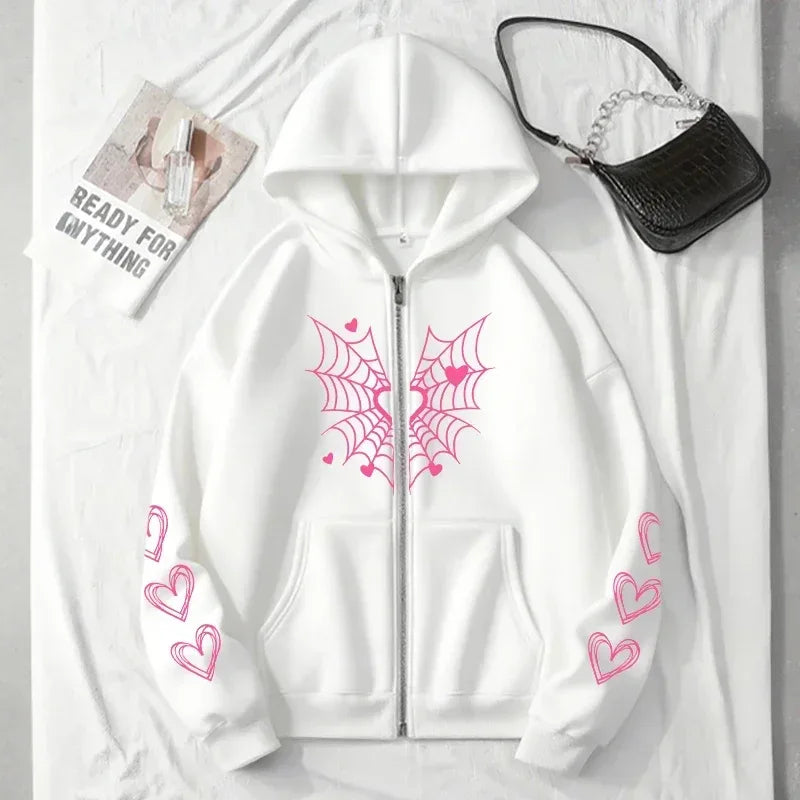2026 Hot Sale Women's Hoodie Cute Spider Web Heart Print Zip-up Sweatshirt All Season Female Urban Casual Fashion Hooded Jackets - cankarfashion