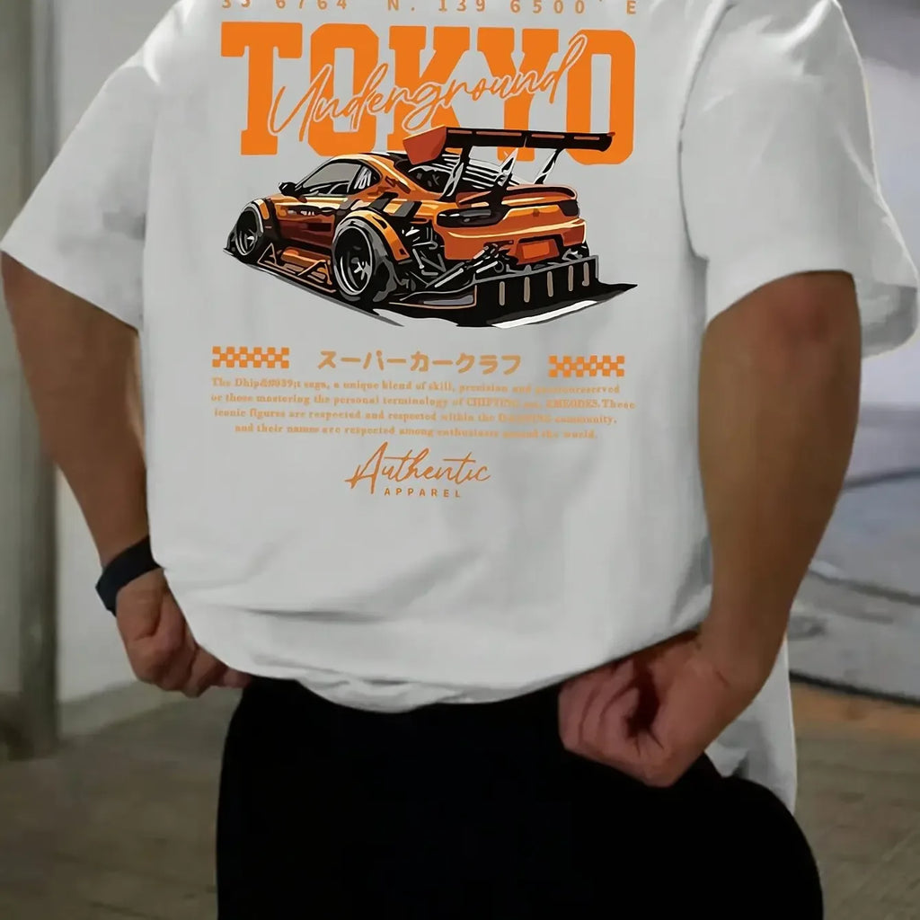 Men's Summer 100% Cotton Fashionable Casual Loose Large Size Japanese Tokyo Pattern Printed Round Neck Short Sleeve T-shirt Top - cankarfashion