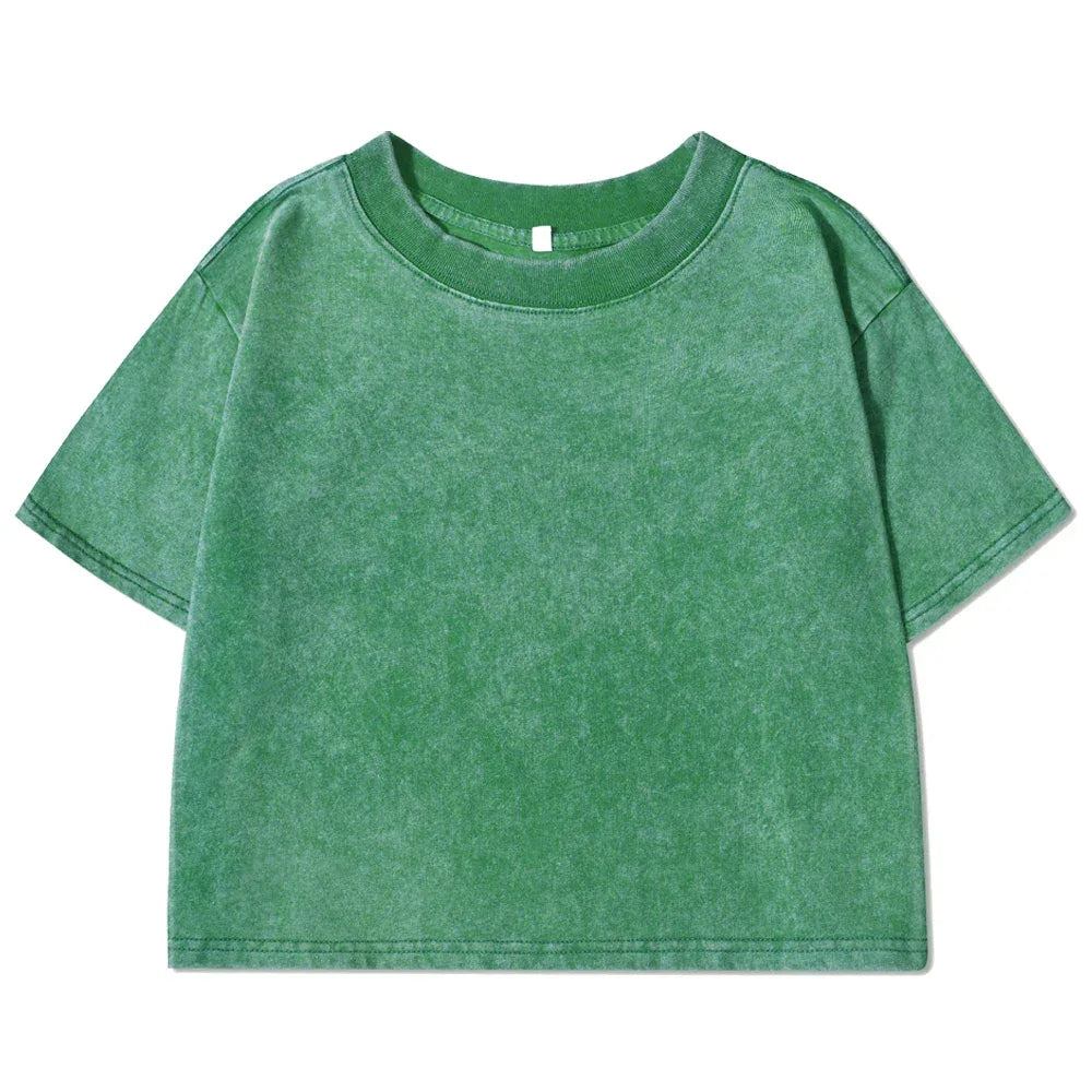Solid Slim Washed T-Shirt Female Fashion Soft Cotton Streetwear Casual Sport Short Sleeve Cool Retro Crop Clothing For Women - cankarfashion