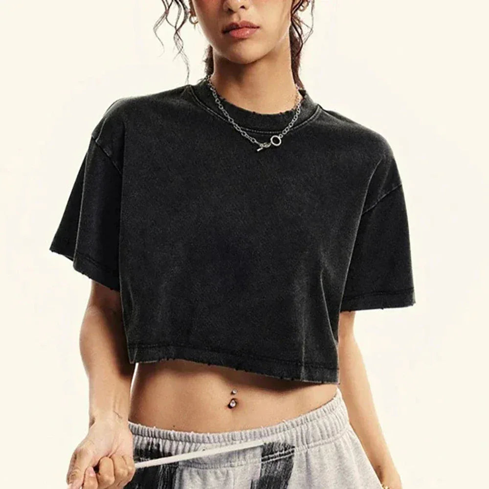 Solid Slim Washed T-Shirt Female Fashion Soft Cotton Streetwear Casual Sport Short Sleeve Cool Retro Crop Clothing For Women - cankarfashion