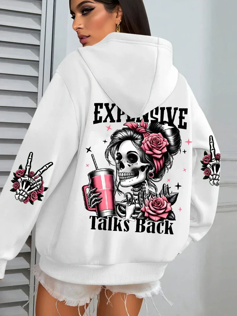 Expensive Talks Back Funny Printing Womens Hoodie Loose Multicolor Pullovers Fleece Autumn Sportswear Casual Pocket Hoody - cankarfashion