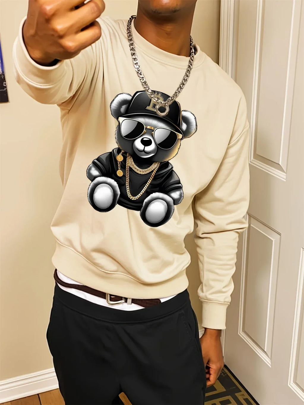Men's autumn and winter fashionable casual loose cool bear cartoon graphic print fleece long sleeved round neck sweatshirt - cankarfashion
