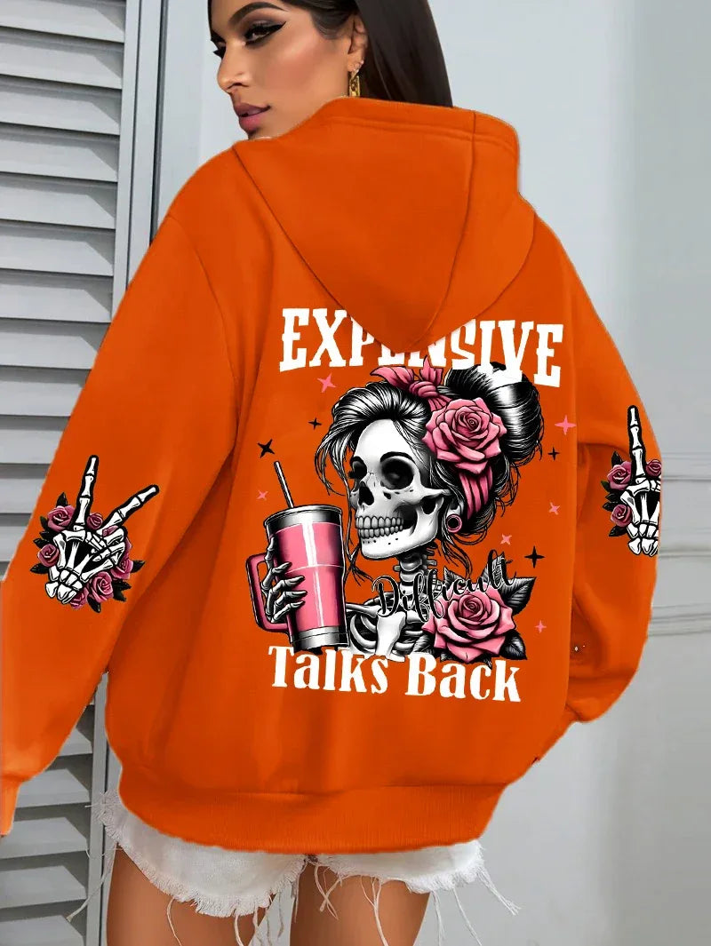 Expensive Talks Back Funny Printing Womens Hoodie Loose Multicolor Pullovers Fleece Autumn Sportswear Casual Pocket Hoody - cankarfashion