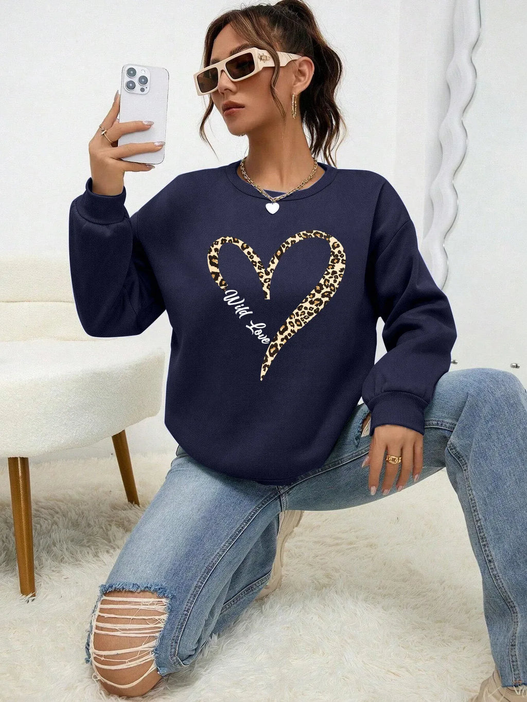 Leopard Wild Heart Pattern Print Female Sweatshirt Street Fur-Liner Pullovers Hipster Clothing All-Match Crewneck Tracksuit - cankarfashion
