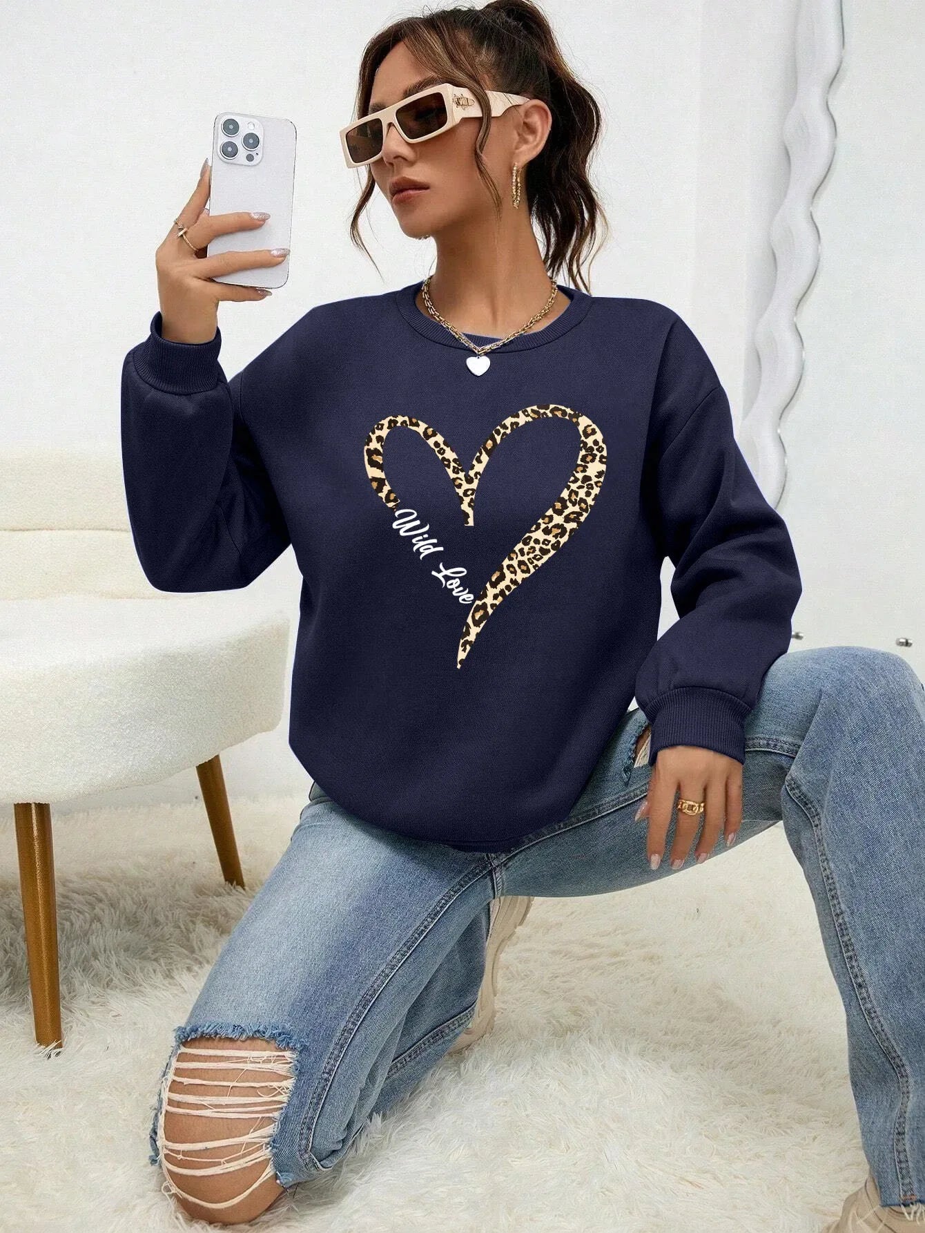 Leopard Wild Heart Pattern Print Female Sweatshirt Street Fur-Liner Pullovers Hipster Clothing All-Match Crewneck Tracksuit - cankarfashion