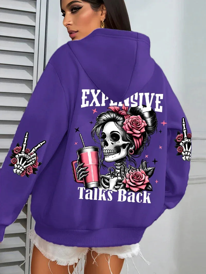 Expensive Talks Back Funny Printing Womens Hoodie Loose Multicolor Pullovers Fleece Autumn Sportswear Casual Pocket Hoody - cankarfashion