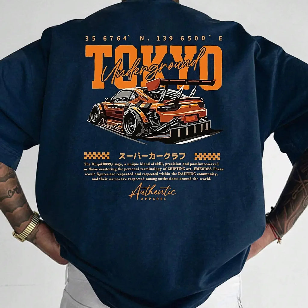 Men's Summer 100% Cotton Fashionable Casual Loose Large Size Japanese Tokyo Pattern Printed Round Neck Short Sleeve T-shirt Top - cankarfashion