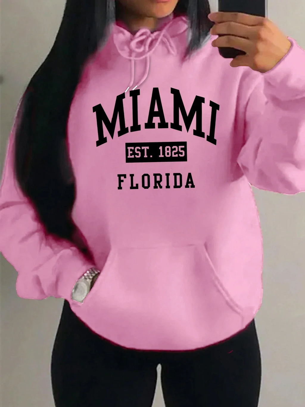Miami Est 1825 City Art Letter Prints Women Hoodie Pocket Streetwear Harajuku Loose Hoody All-Match Fleece Female Clothing - cankarfashion
