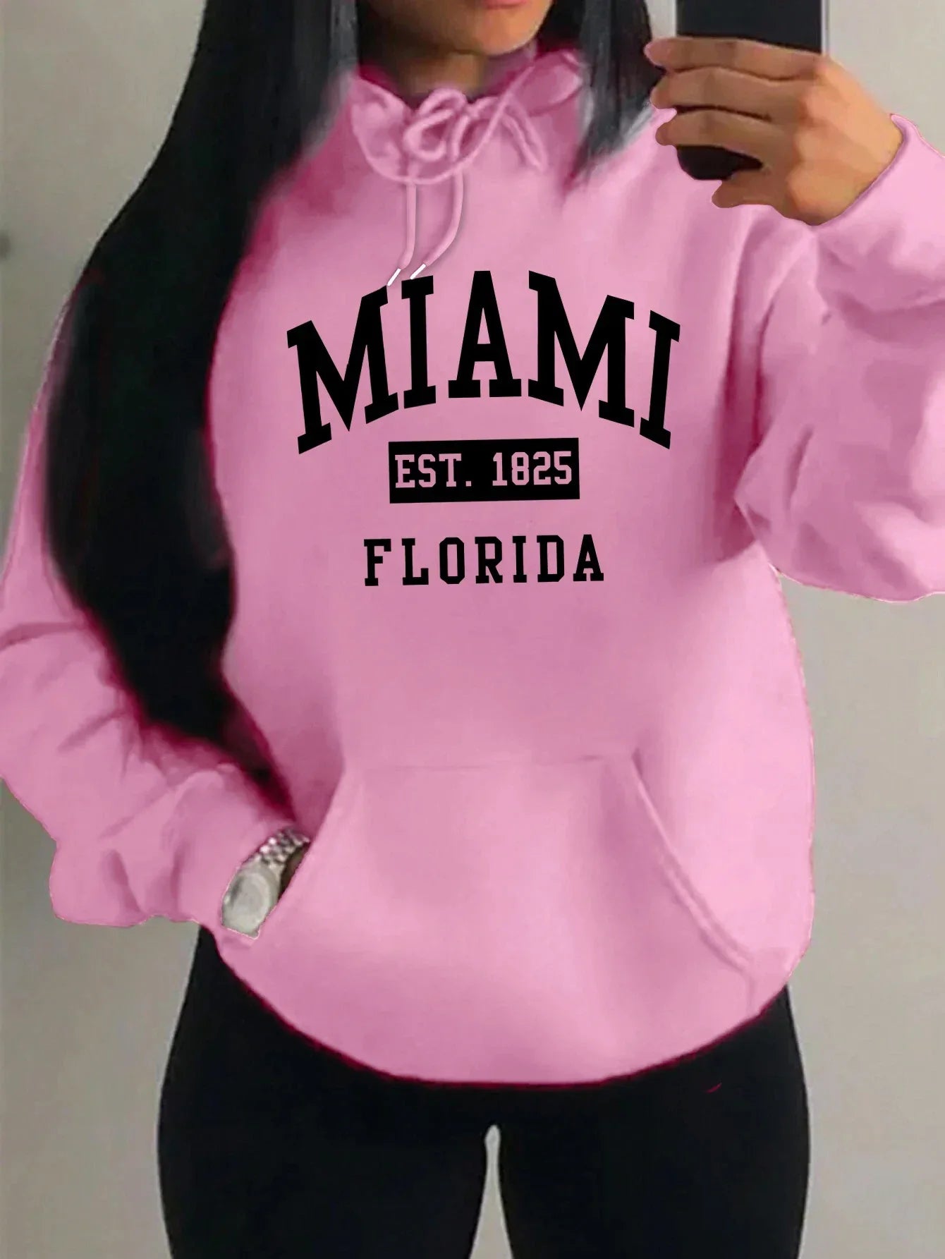 Miami Est 1825 City Art Letter Prints Women Hoodie Pocket Streetwear Harajuku Loose Hoody All-Match Fleece Female Clothing - cankarfashion