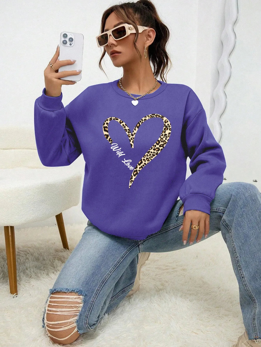 Leopard Wild Heart Pattern Print Female Sweatshirt Street Fur-Liner Pullovers Hipster Clothing All-Match Crewneck Tracksuit - cankarfashion