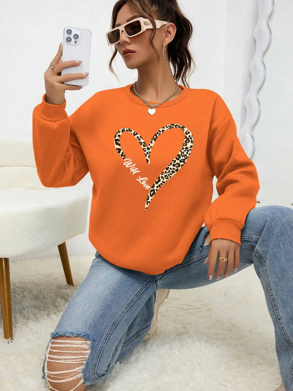 Leopard Wild Heart Pattern Print Female Sweatshirt Street Fur-Liner Pullovers Hipster Clothing All-Match Crewneck Tracksuit - cankarfashion
