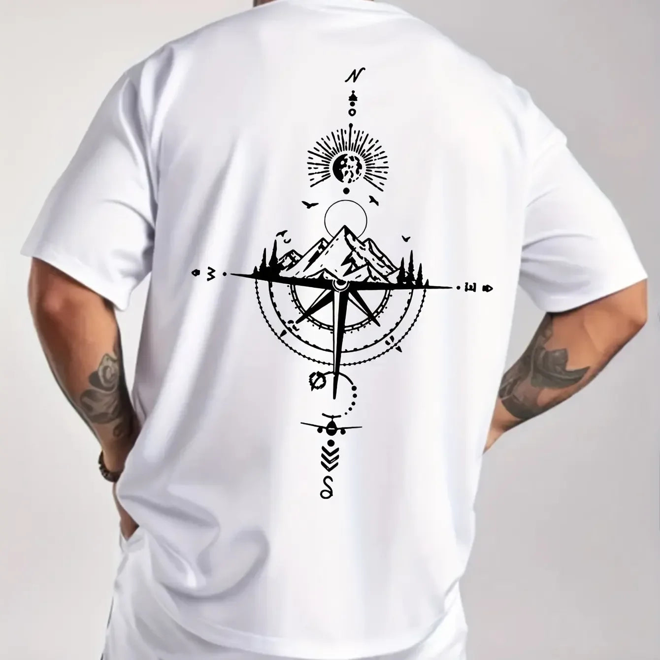 Summer men's 100% pure cotton casual sports loose oversized retro compass printed comfortable round neck short sleeved T-shirt - cankarfashion