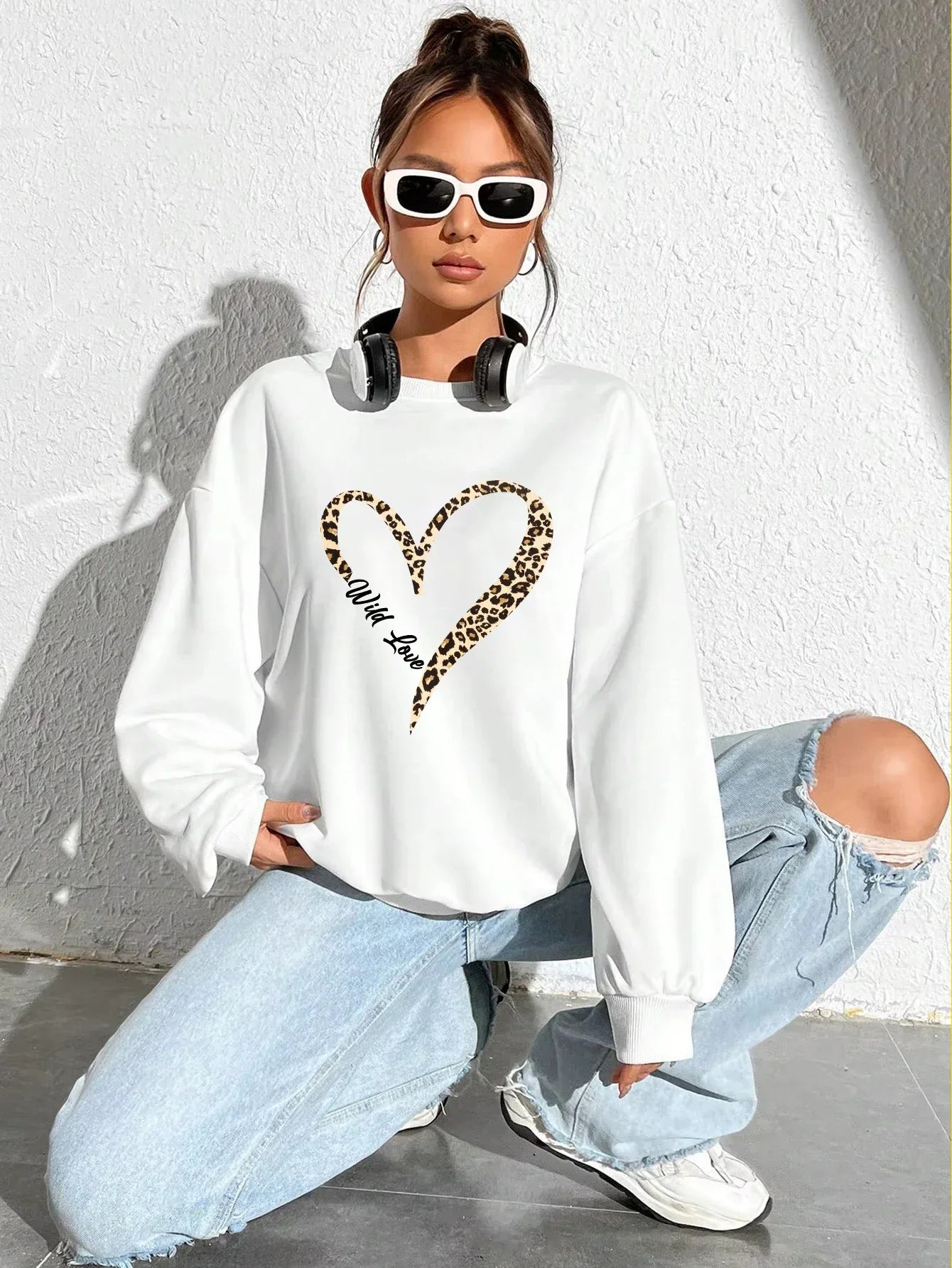 Leopard Wild Heart Pattern Print Female Sweatshirt Street Fur-Liner Pullovers Hipster Clothing All-Match Crewneck Tracksuit - cankarfashion