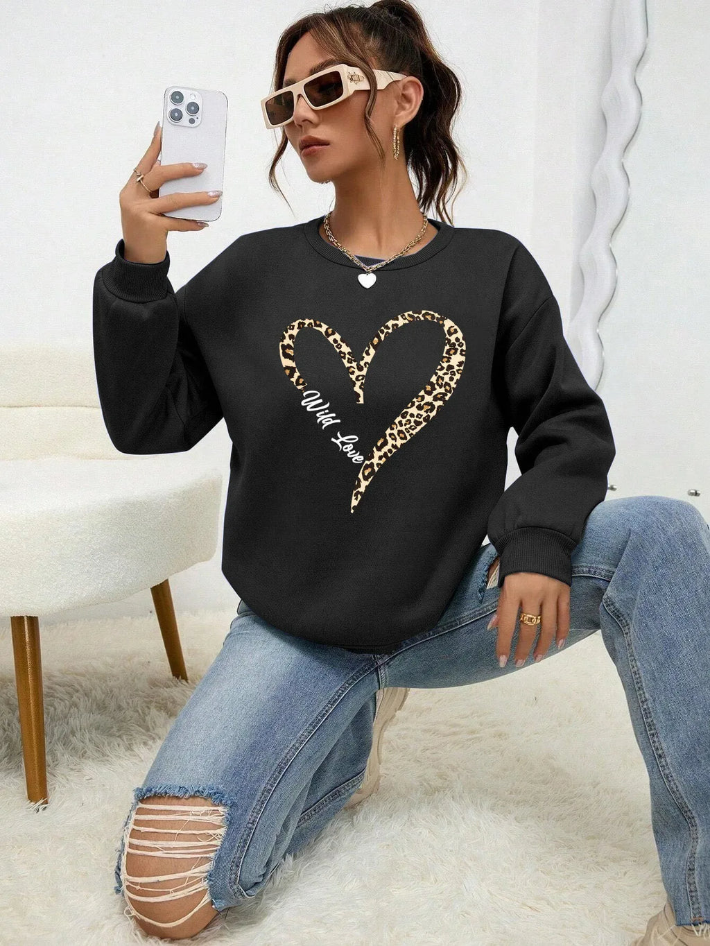 Leopard Wild Heart Pattern Print Female Sweatshirt Street Fur-Liner Pullovers Hipster Clothing All-Match Crewneck Tracksuit - cankarfashion