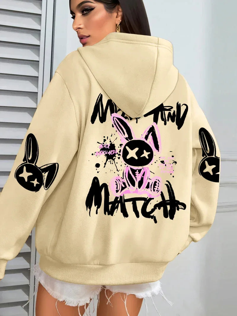 Mix And Match Cartoon Rabbit Prints Women Hoodie Pocket Streetwear Harajuku Loose Hoody All-Match Fleece Female Clothing - cankarfashion