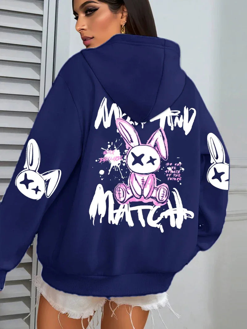 Mix And Match Cartoon Rabbit Prints Women Hoodie Pocket Streetwear Harajuku Loose Hoody All-Match Fleece Female Clothing - cankarfashion