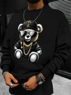 Men's autumn and winter fashionable casual loose cool bear cartoon graphic print fleece long sleeved round neck sweatshirt - cankarfashion