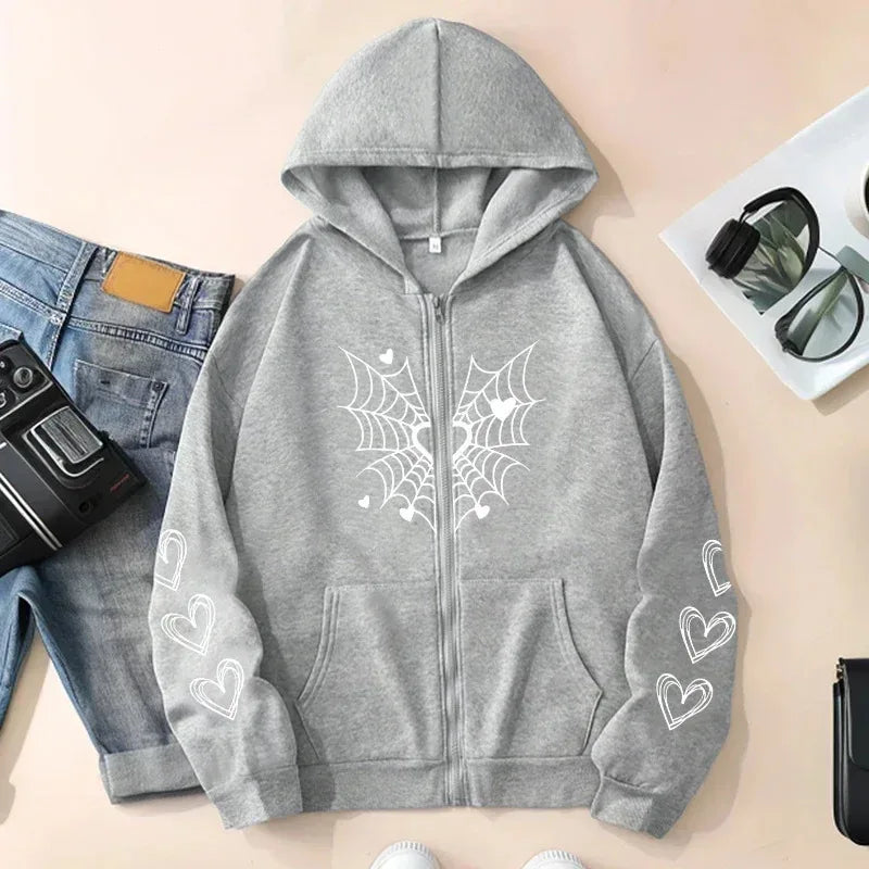 2026 Hot Sale Women's Hoodie Cute Spider Web Heart Print Zip-up Sweatshirt All Season Female Urban Casual Fashion Hooded Jackets - cankarfashion