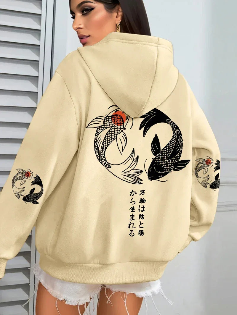 Japanese Koi Harajuku Illustration Prints Women Hoodie Loose Y2K Hoody Multicolor Autumn Hoodies Fleece Soft Woman Sportswear - cankarfashion