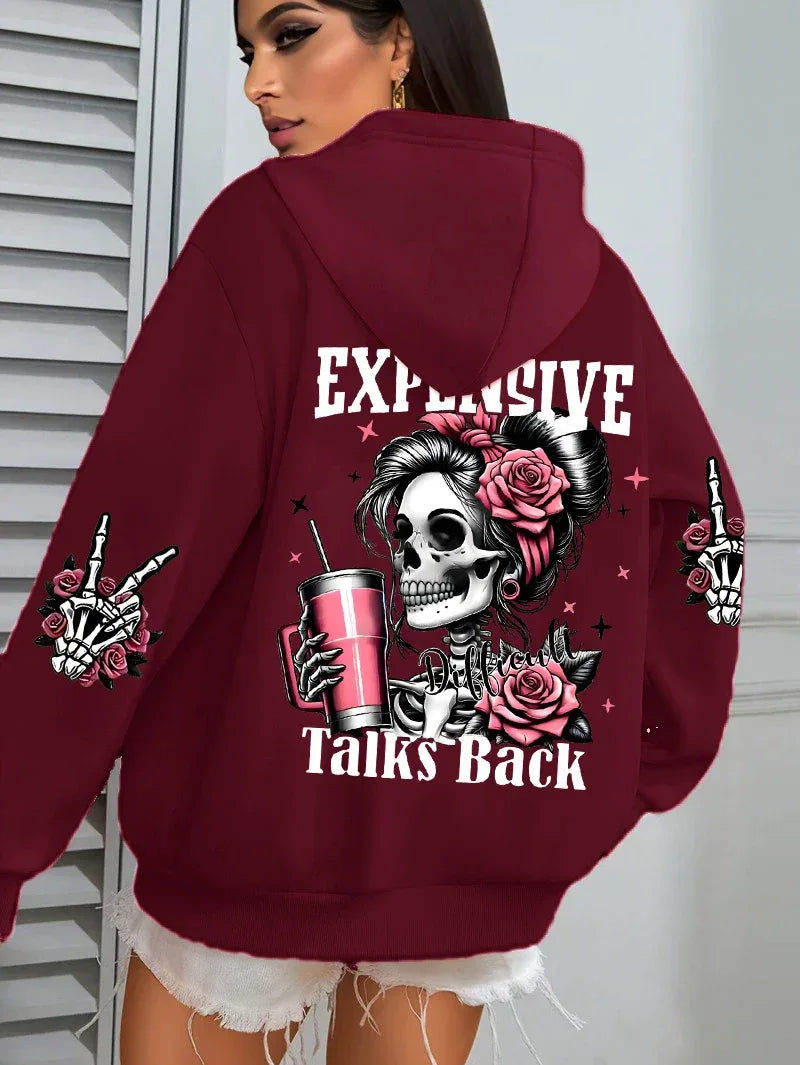 Expensive Talks Back Funny Printing Womens Hoodie Loose Multicolor Pullovers Fleece Autumn Sportswear Casual Pocket Hoody - cankarfashion