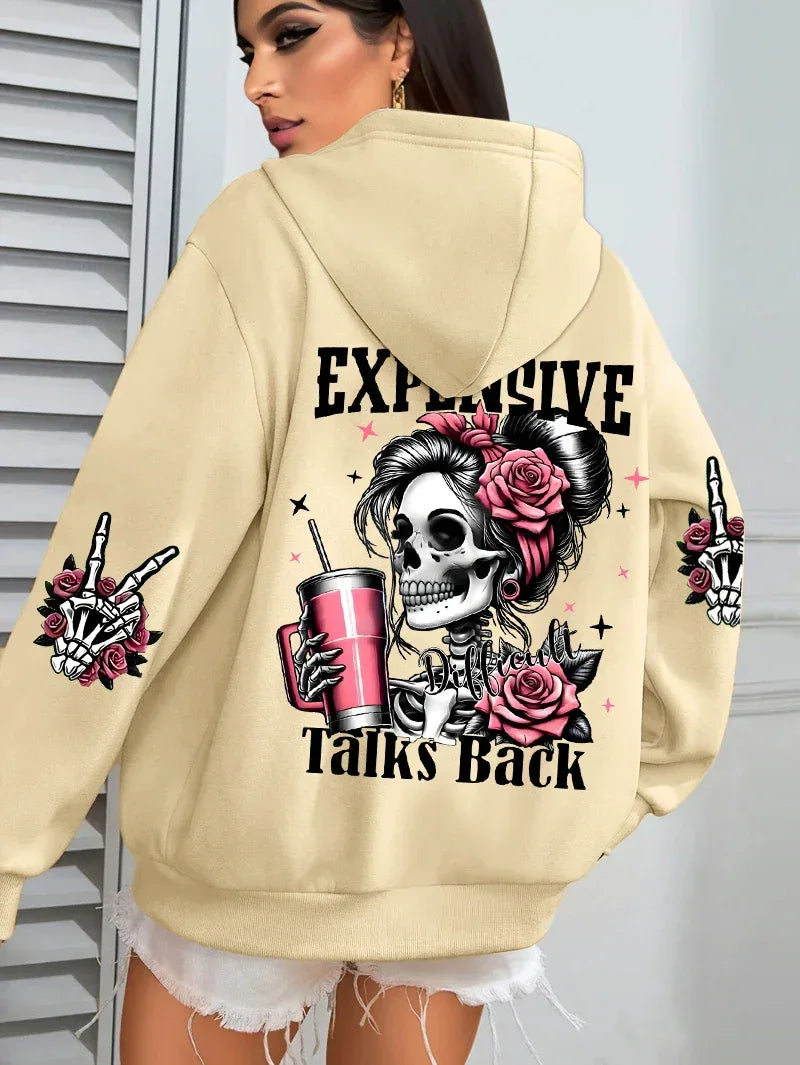 Expensive Talks Back Funny Printing Womens Hoodie Loose Multicolor Pullovers Fleece Autumn Sportswear Casual Pocket Hoody - cankarfashion