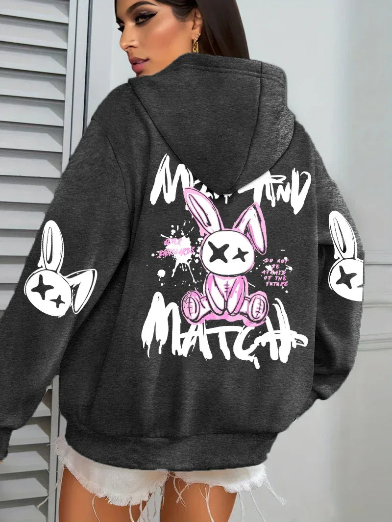 Mix And Match Cartoon Rabbit Prints Women Hoodie Pocket Streetwear Harajuku Loose Hoody All-Match Fleece Female Clothing - cankarfashion
